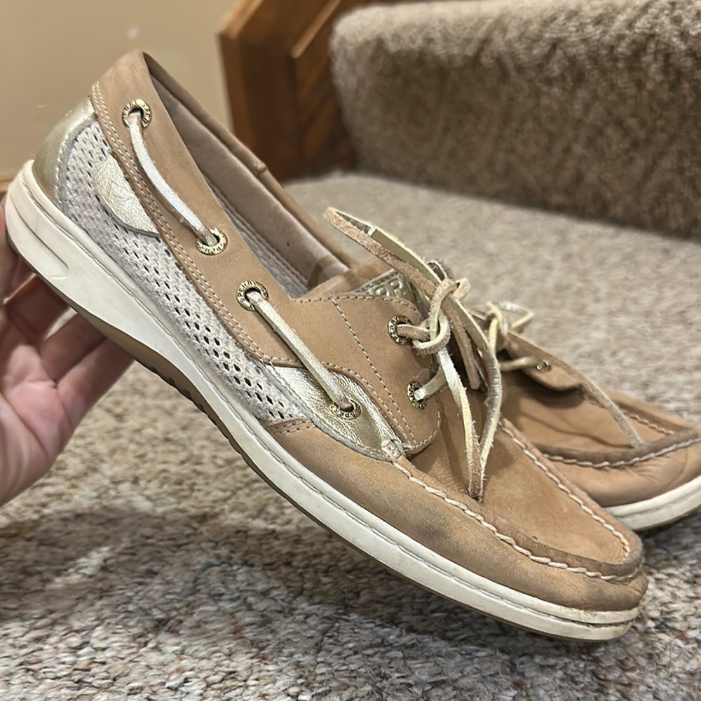 Sperry Tan and Gold Loafers with Nautical Flair